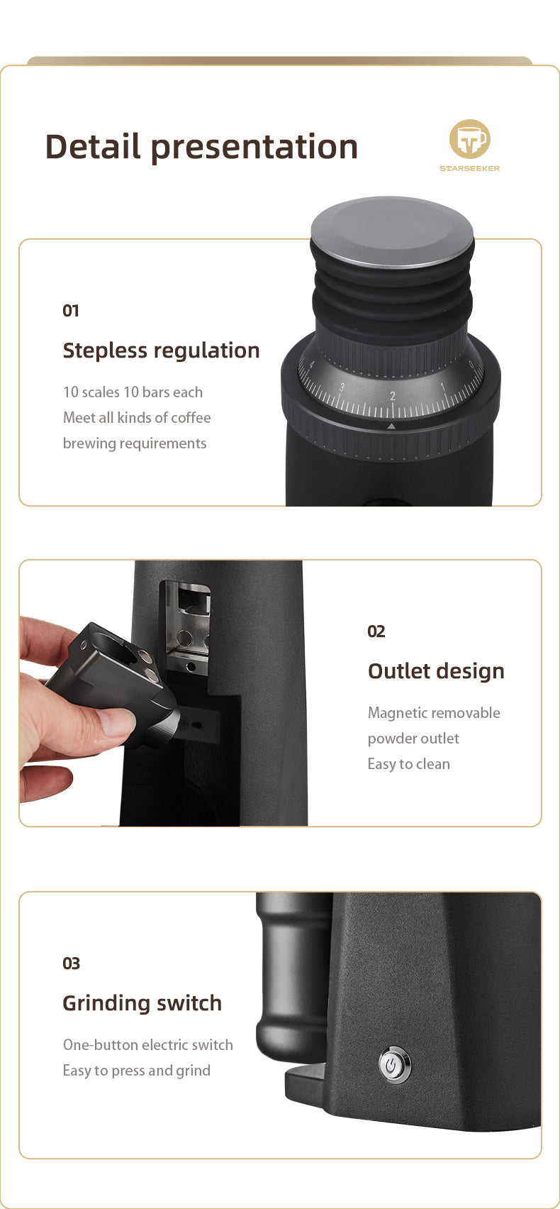 STARSEEKER EDGE63 Electric Coffee Grinder 63mm Cone Burr Espresso Brew Stepped fineness adjustment Bean Grinder Plasma Black