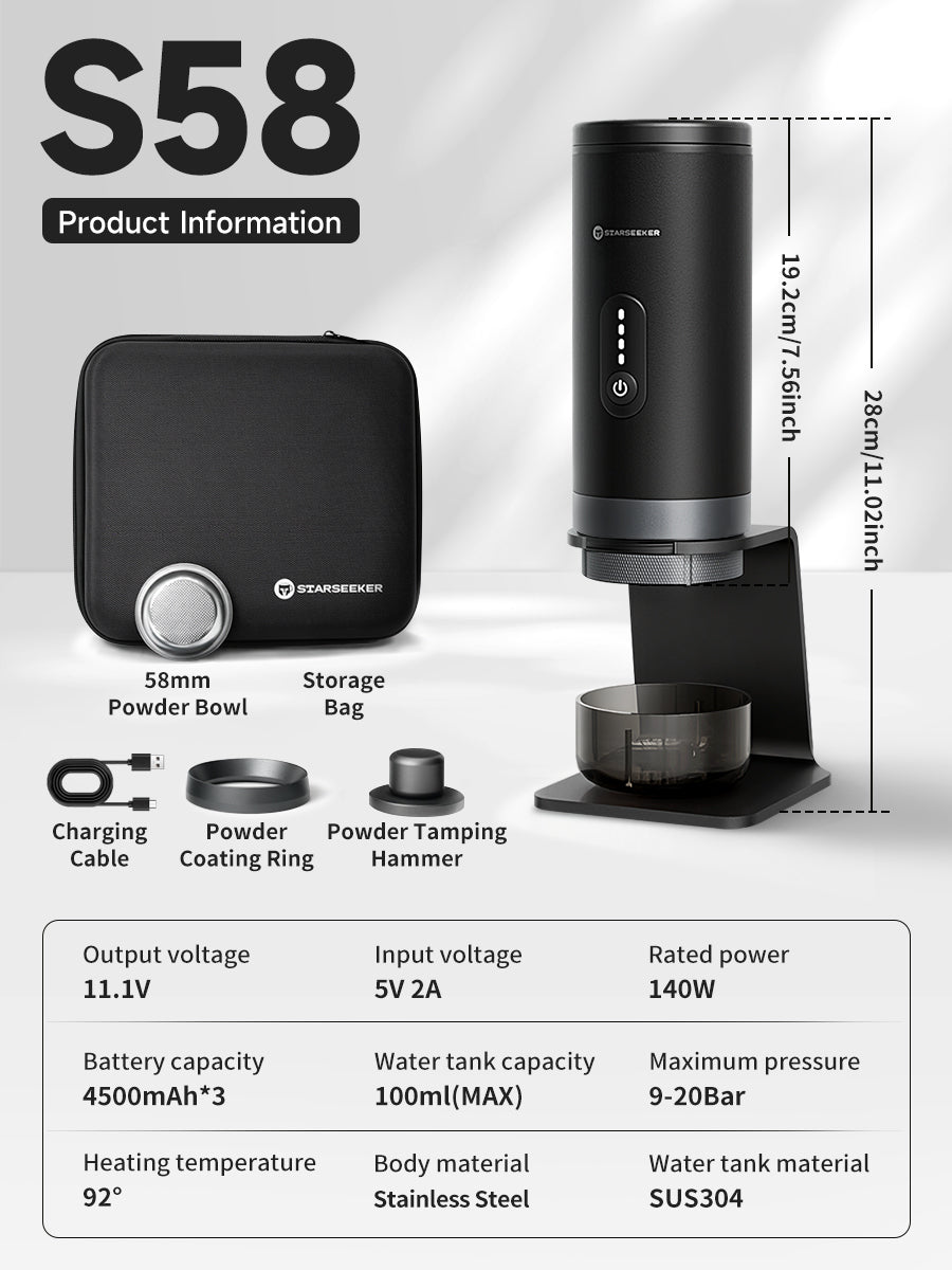 STARSEEKER S58 Portable Coffee Maker Travel Electric Capsule Espresso Machine With USB-C Wireless Heating Bottomless Extraction