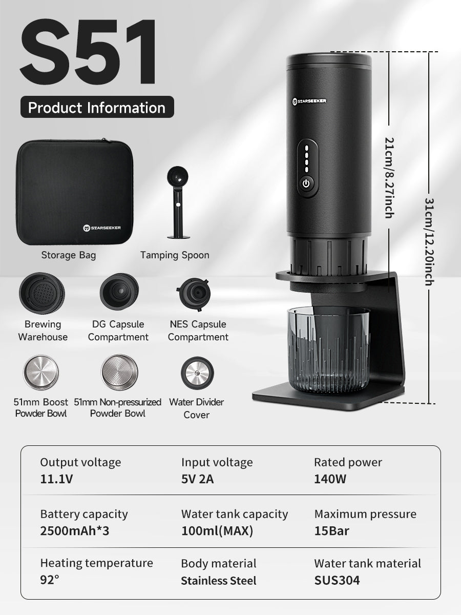 STARSEEKER S51 Portable Coffee Maker Travel Electric Capsule Espresso Machine With USB-C Wireless Heating Bottomless Extraction